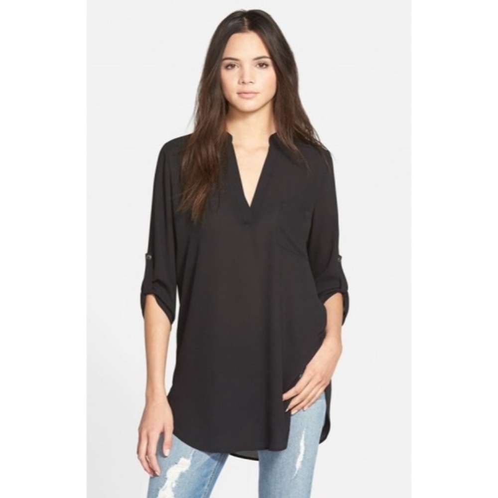 Lush Black Lightweight Roll Tab Sleeve Tunic Blouse Sz S